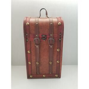 Twine Living Two Bottle Wood Wine Box Wood and Faux Leather Brass Lock New